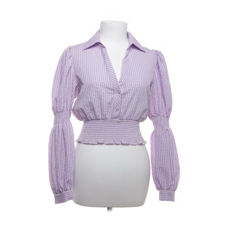 Zara | Lila geruite blouse met pofmouwen