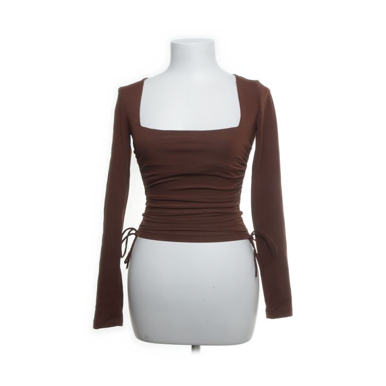 Zara|Bruine top met vierkante hals en strikdetail