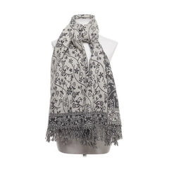 Sjaal wit-grijs dubbelzijdig bloemig motief